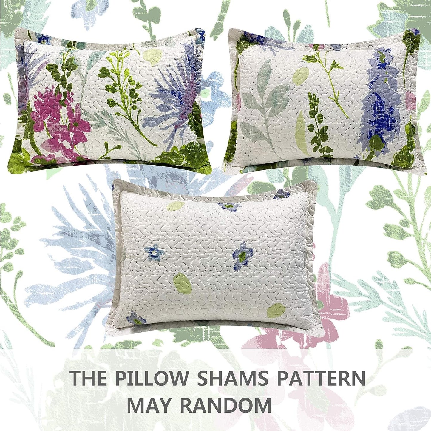 Lightweight Thin Multicolor Botanical Bedspread Coverlet Set King Size Breathable Blue Purple Green White Flower Plant Garden Quilts Bed Cover Floral Bedding with 2 King Random Pillow Shams