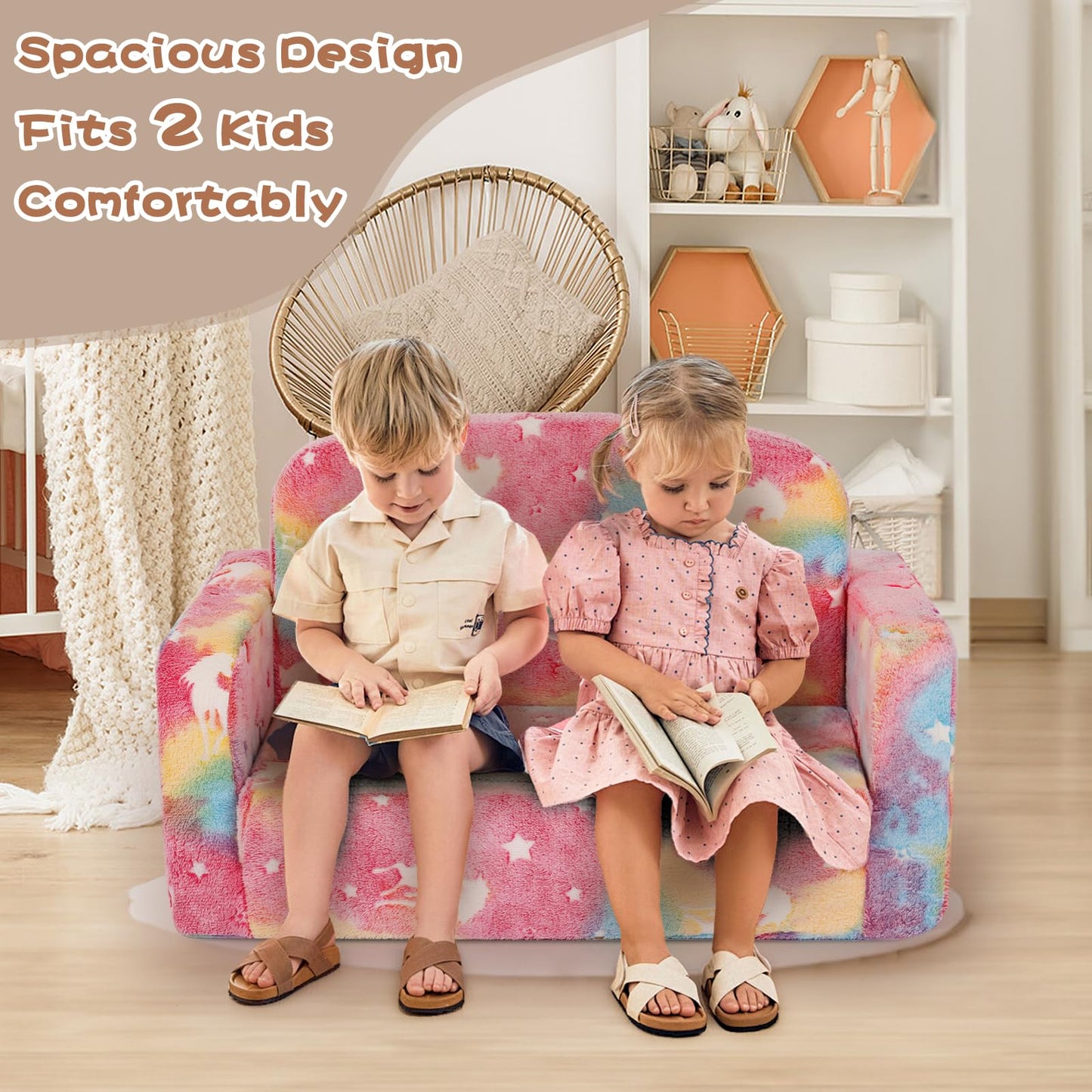 Foryoomi Extra Wide Kids Couch, Kids Sofa, Toddler Sofa, Glow in The Dark, 2-in-1 Soft Toddler Couch with Blanket and Pillow, Pink