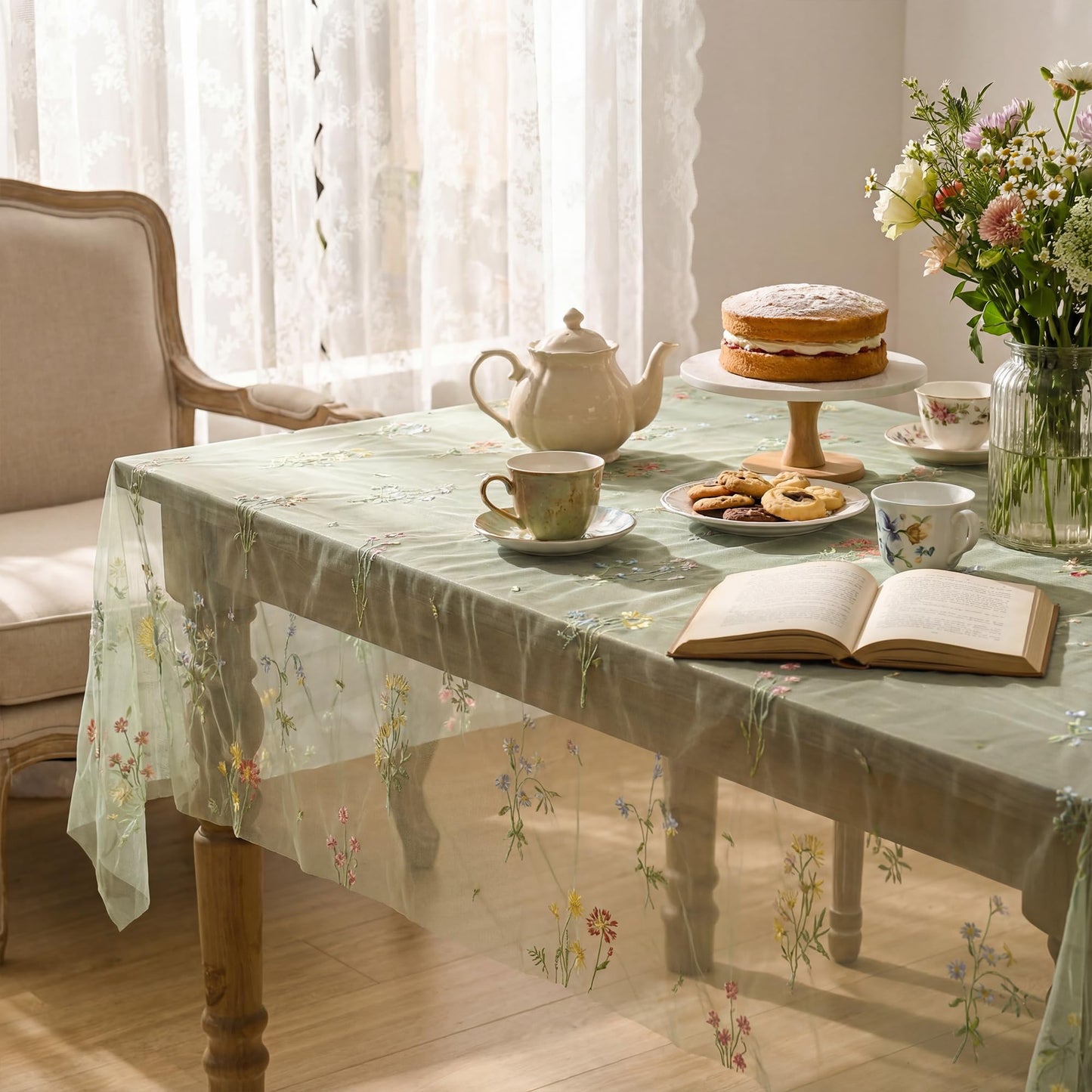 Horaldaily Embroidery Flower Plant Green Gauze Tablecloth 60×84 Inch Rectangular, Spring Summer Tulle Table Cover, Garden Party Decorations for DIY, Wedding, Party, Holiday Dining Decor