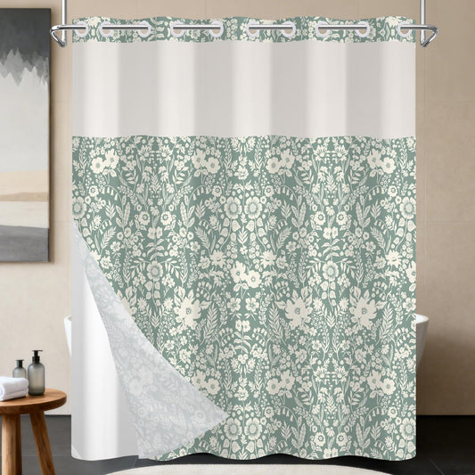 NAEMBCU Sage Green Floral Shower Curtain and Liner Set 71x74 Inch