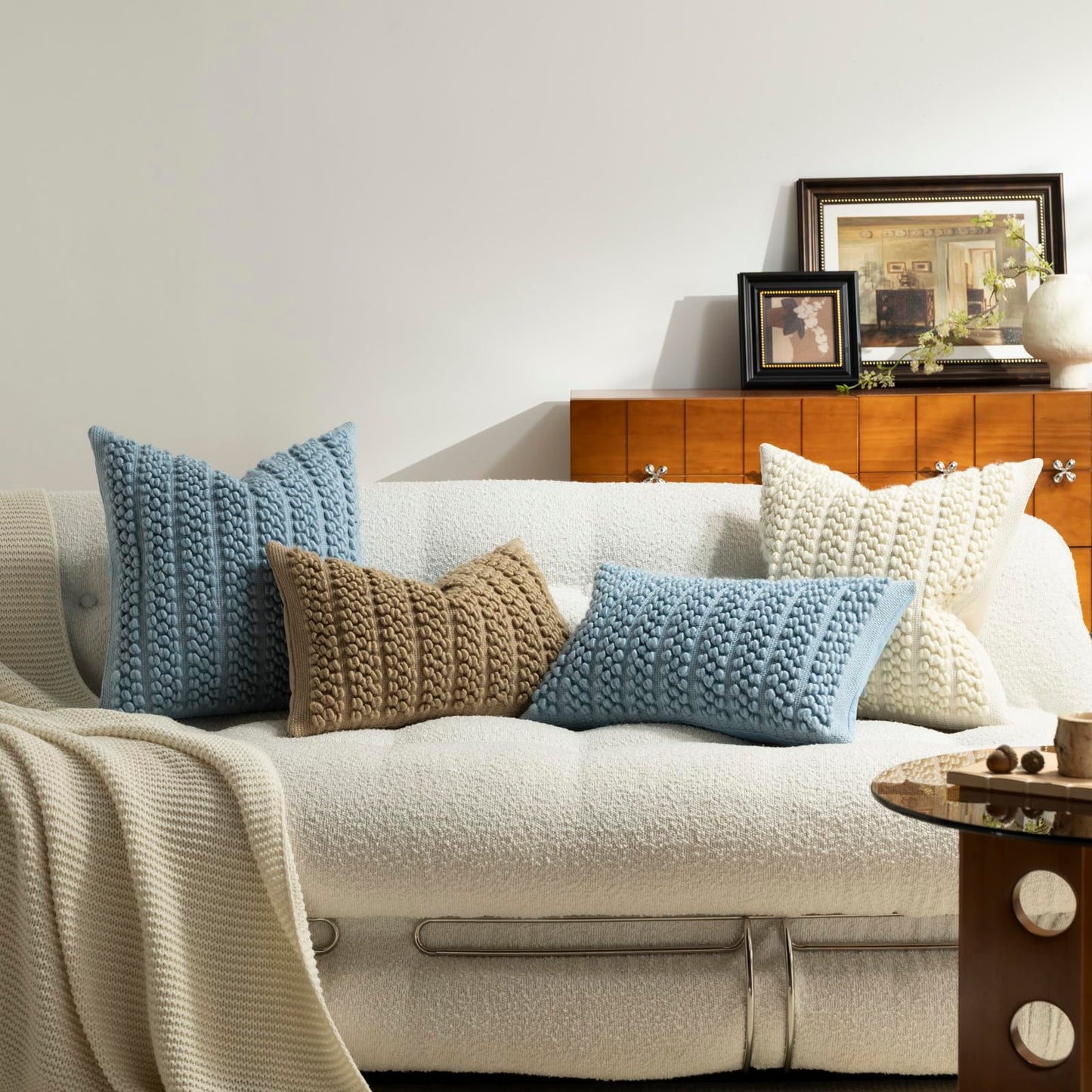 DEZENE Wool Boucle Throw Pillow Cover Premium Chic Accents Square Textured Decorative Pillow Case for Living Room Couch Sofa Home Decor 18"x18" Blue