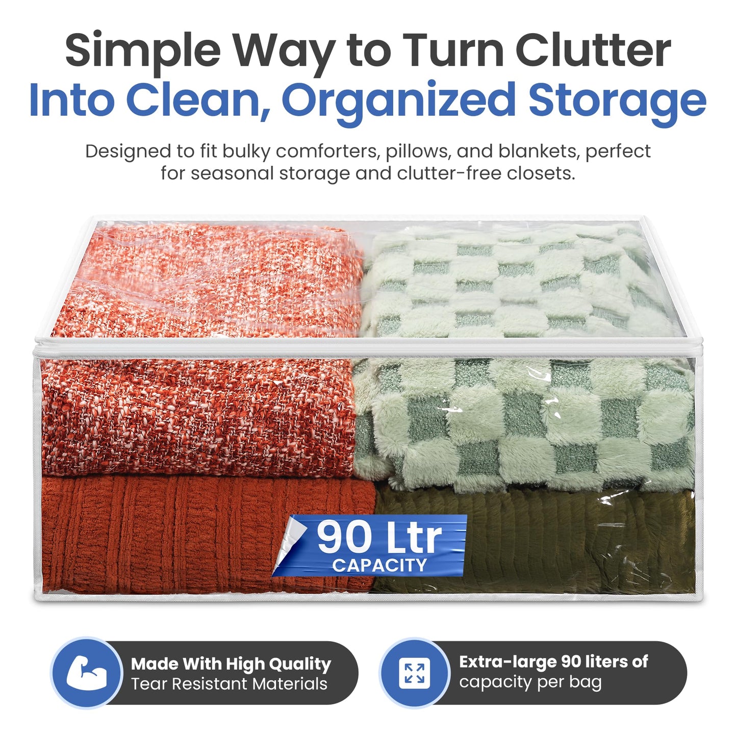 Handy Laundry Blanket Storage Bags - 90 L, Pack Of 4, Zippered Large Clear Plastic Storage Bag, Shield Your Quilt Blankets, Bedding & Clothes from Dust, Dirt & Moisture, Gliding Zipper for Easy Access