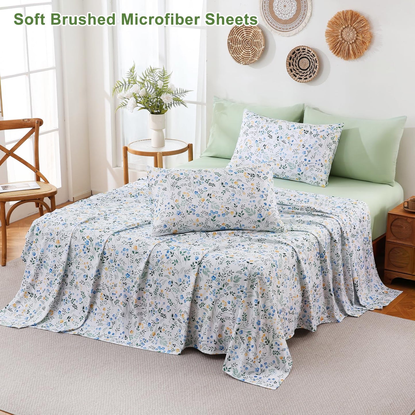 Swiftify Botanical Queen Bed Sheets Set 6-Piece, Boho Floral Brushed Microfiber Sheets, Cooling Bed Sheet Set, Soft & Breathable, 16' Deep Pocket Fitted Sheet & Pillowcase Set, Springfield Flowers