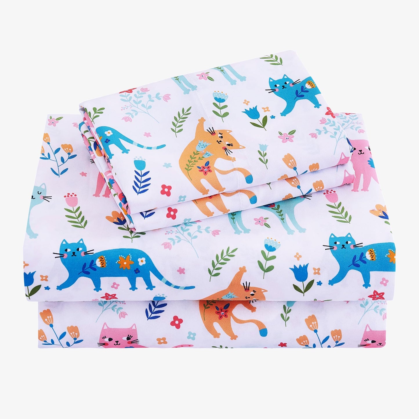 Viviland 3 Pieces Girls Pink Cat Twin Sheet Set - Soft Microfiber Fitted Flat Sheets & Pillowcase - Kids Colorful Floral Leaf Print Bedding Sets - for Kids & Toddlers