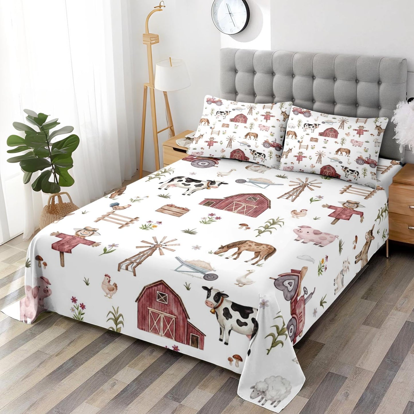 WeCozy Queen Size 4 Pcs Bed Fitted Sheet Set with 14" Deep Pocket, Animal Farm Tractor Flat Sheet Set for Kids and Adults, House Tree Pig Bedding with 2 Pillowcases for Bedroom Decor