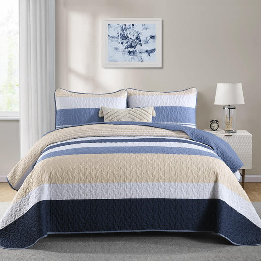 Dinjoy Blue Boho Quilt Set Queen Size, Fall Striped Bedspread Lightweight Farmhouse Bedding Sets 3 Pieces Micofiber Patchwork Coverlet with 2 Pillowcases for Men Bed