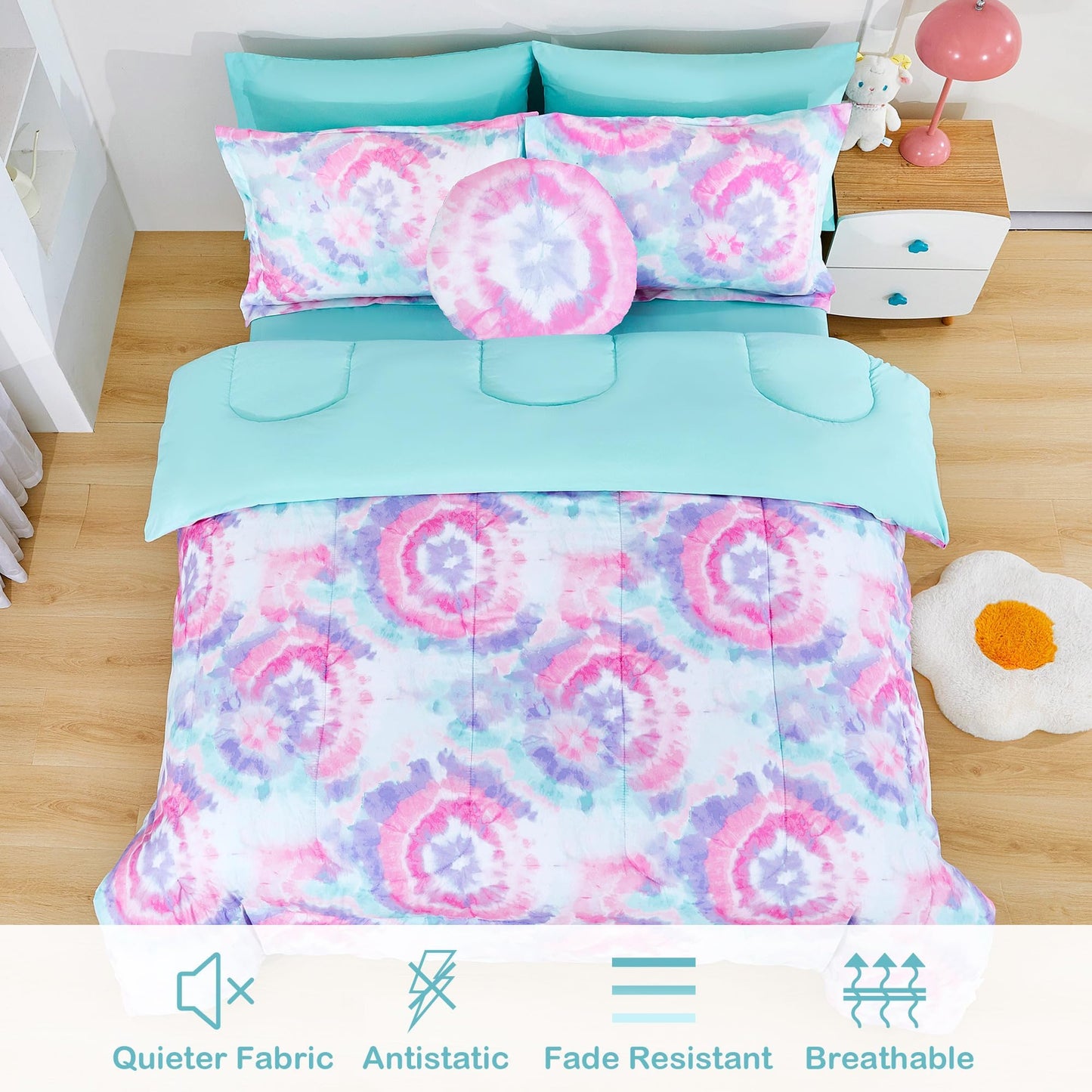 Mooreeke Tie Dye Kids Comforter Bed Set Twin Size for Girls, 6 Pieces Bed in a Bag with Shams, Sheet Set, A Toy Pillow Dark Pink Round Flower Twin Soft Microfiber Kids Comforter Bedding Set