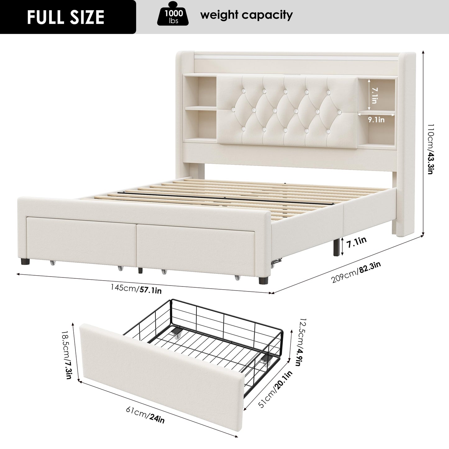 Full Bed Frame with Drawers, Hidden-Cubby & Shelves Storage Headboard with Charging Station and LED Lights, Velvet Upholstered Platform Bed Solid Wooden Slats Support No Box Spring Needed, Beige