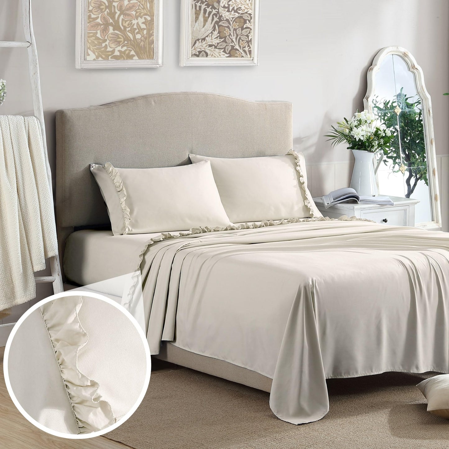 Swift Home Ultra-Soft Elegant 2-inch Ruffled Hem Design on Flat Sheet and Pillowcases, Wrinkle Resistant, Fade Resistant, Deep Pocket, Double Brushed 4-Piece Microfiber Sheet Set - King, Taupe