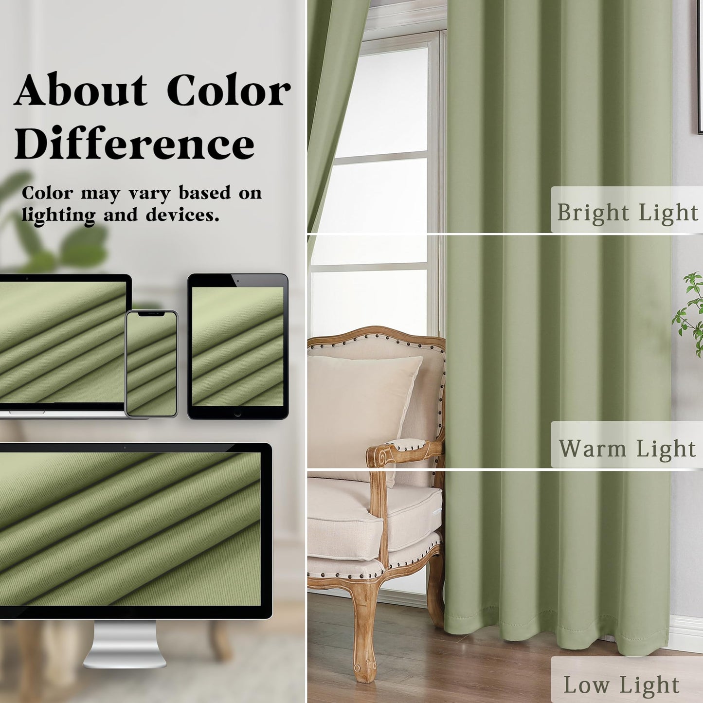 Simplebrand Sage Green Room Darkening Curtains for Bedroom 63 Inch Length 2 Panels Set, Thermal Insulated Energy Saving Curtains for Kids Room, Grommet Solid Nursery Window Treatment Drapes, W40 x L63
