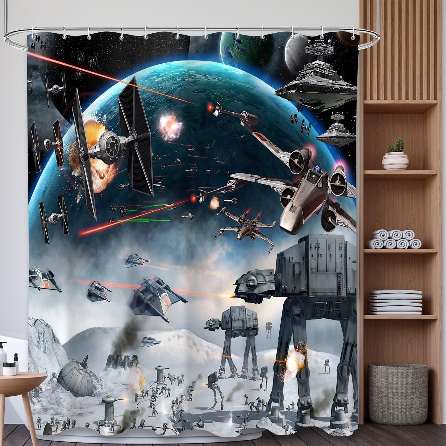 Outer Space Galaxy Wars Star Themed Shower Curtain,Universe Stars Science Space Station Polyester Fabric Bathroom Home Decor with 12 Hooks(Color1,72 W x 72" L)