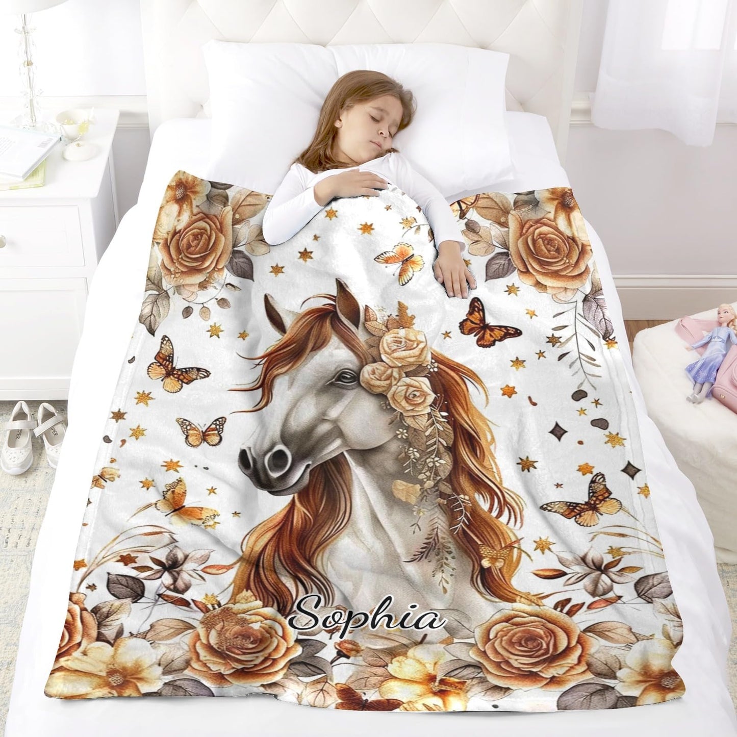 Customized Horse Blanket with Flowers, Add Your Name Text Blankets Soft Warm Small Throw for Women Men Couch Sofa Bed