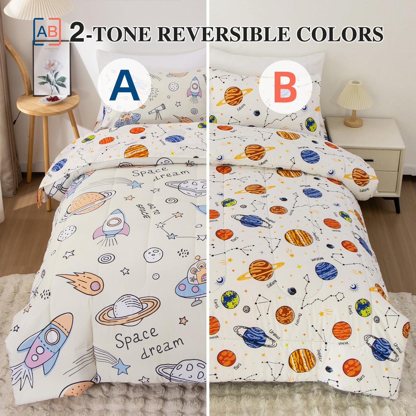 Aimuan Space Comforter Twin Set Kids Rocket Bedding Set Super Soft & Cute Aliens UFO Printed for Boys Girls Teen (Cream, Full 5Pcs)