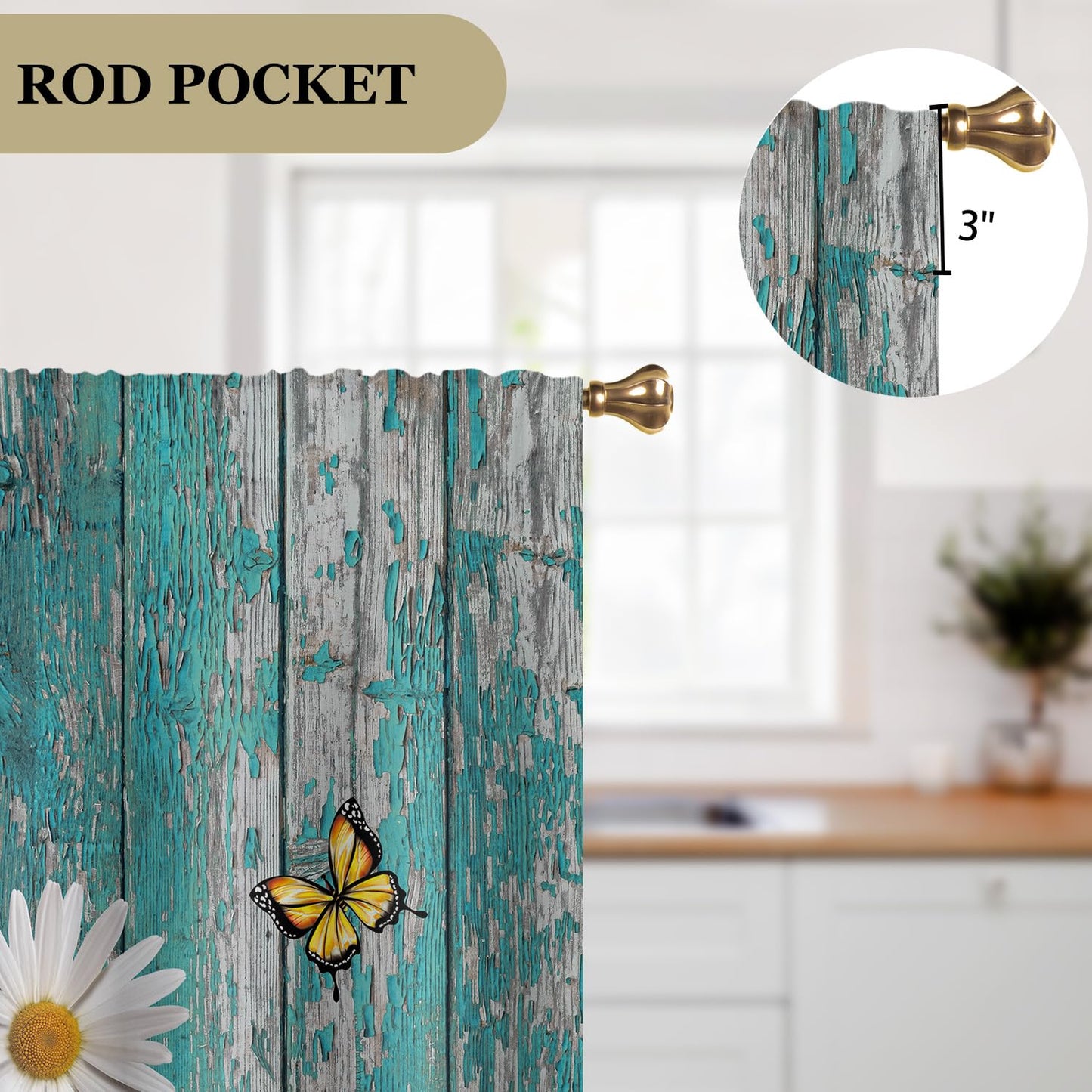Cizuug Farmhouse Teal Daisy Kitchen Curtains Rustic Wooden Country Small Short Cafe Window Curtains Vintage Flower Floral Rod Pocket Bathroom Drapes Treatment Tier Curtains 2 Panels(27.5x39 Inch)