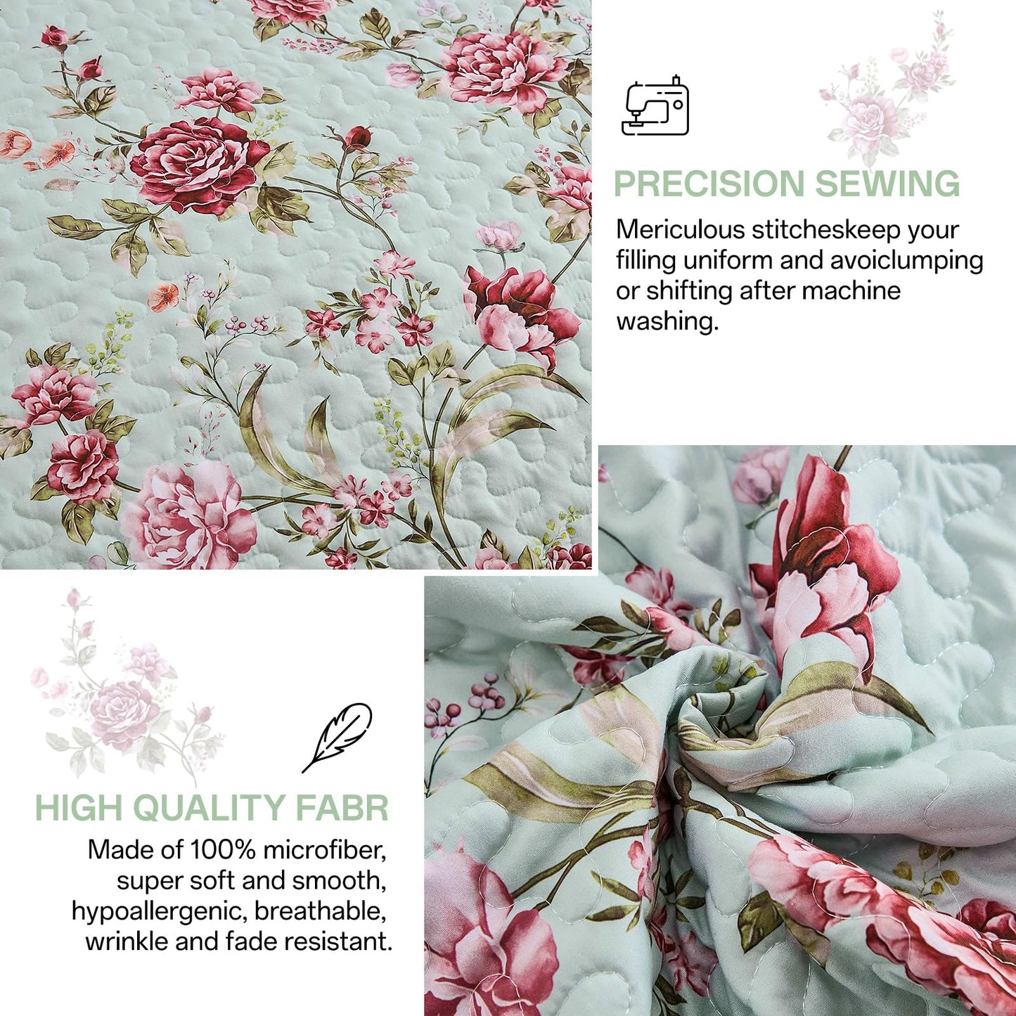 Xruibed Floral Quilt Set Queen Size, 3PCs Antique Rose Green Bedspread Coverlet Set, Lightweight Soft Microfiber Green Quilt Set with 2 Pillowcases for All Season (Queen Size 96"x90")