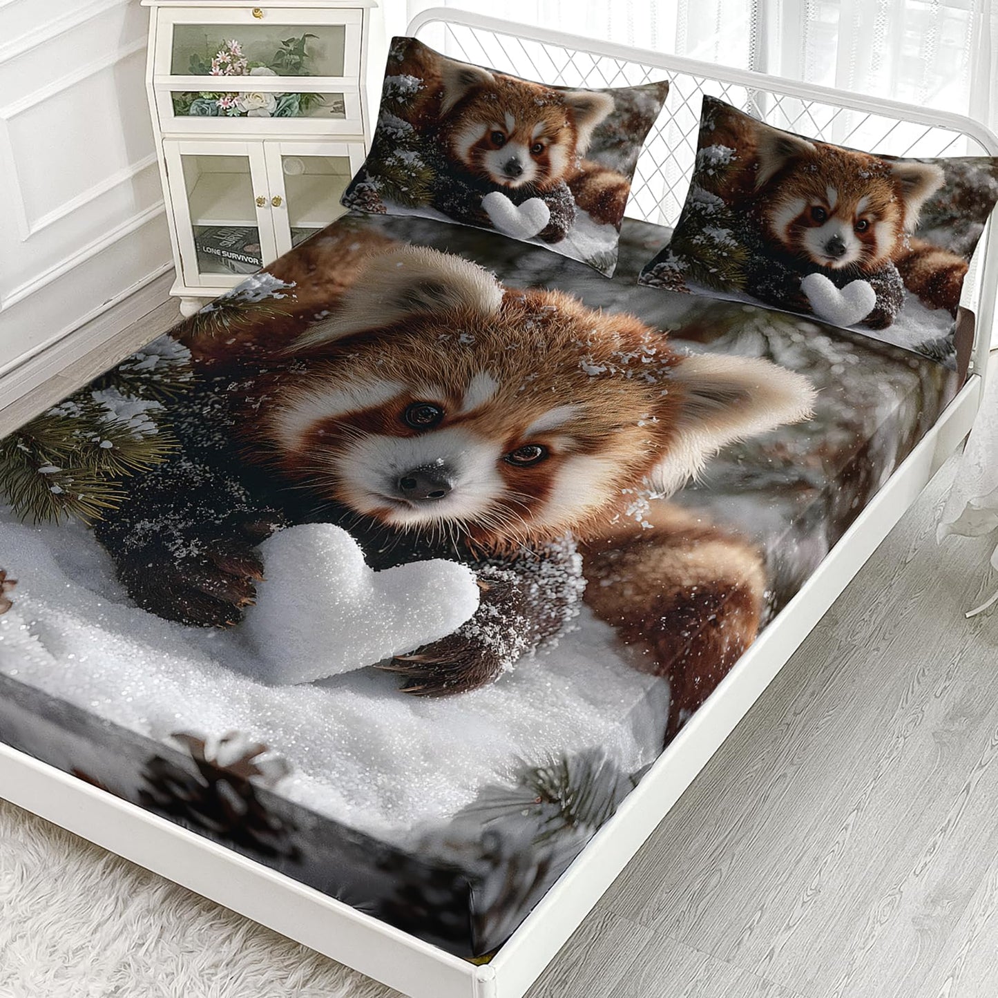 AILONEN Kawaii Red Panda Fitted Sheet Set Full,Lovely Snow Panda Deep Pocket Sheets with 2 Pillowcases,3-Piece Winter Forest Wild Animal Bed Sheet Set for Boys Girls