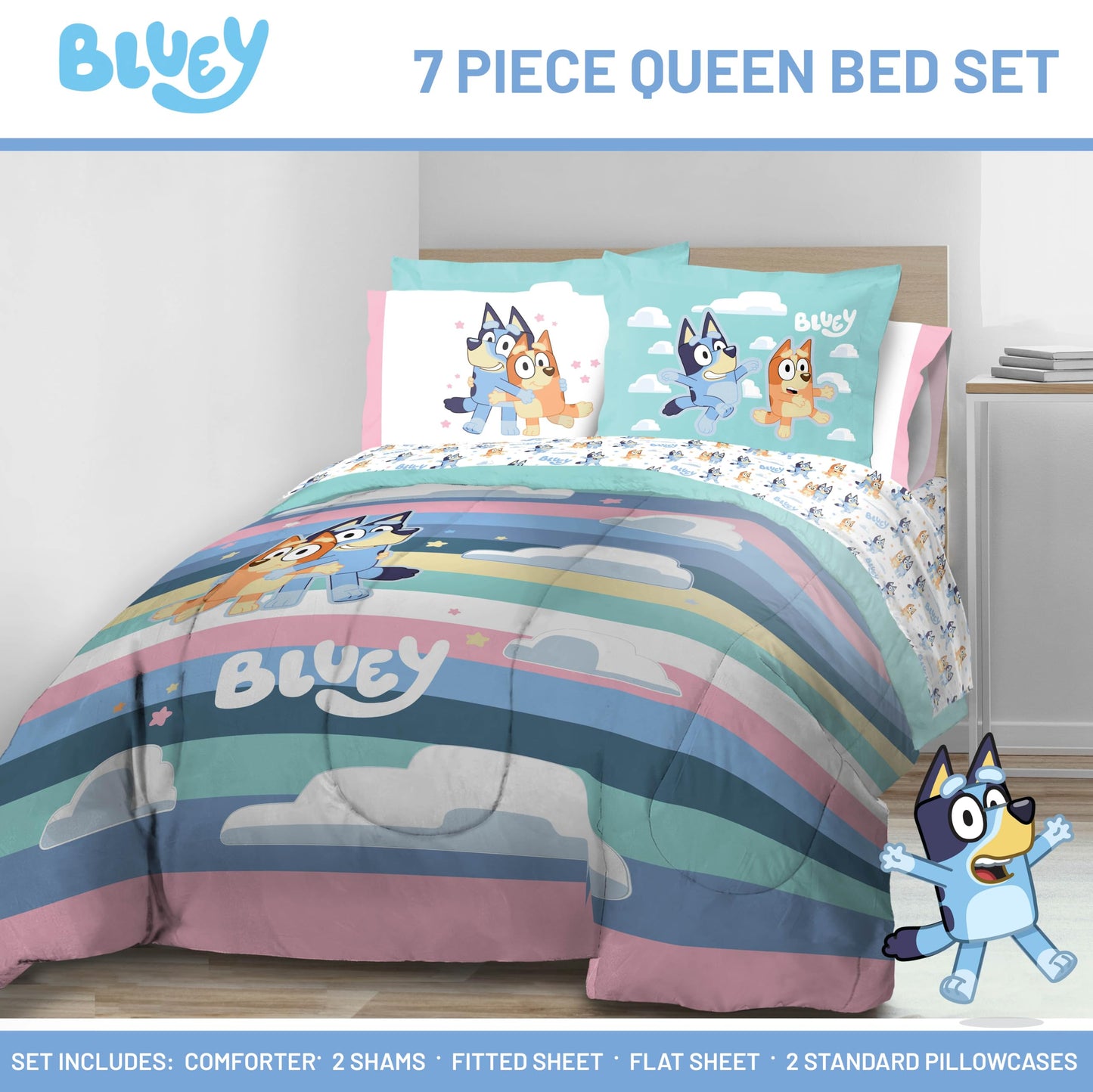 Jay Franco Kids Bed Set, Multi, Bluey, 7 Piece Queen