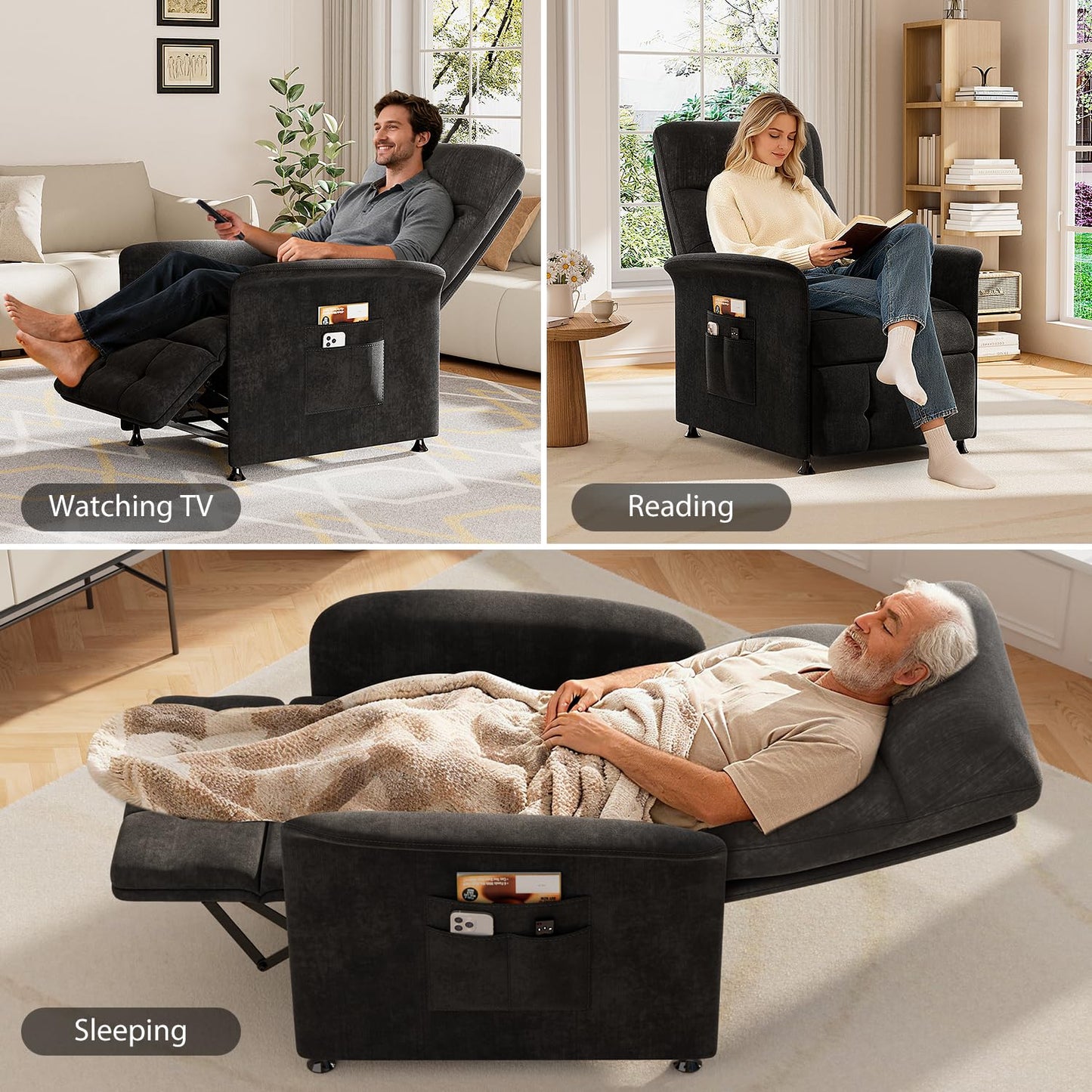 LegacyAmerhome Power Recliner Chair for Adults with Heat & Massage - Soft Fabric Electric Reclining Sofa with Remote Control, 3 Side Pockets, 180° Lay Sleeper for Home Theater Living Room, Black