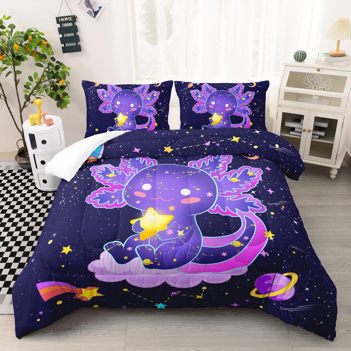 Galaxy Axolotl Comforter Set Queen Size,Kawaii Animals Cartoon Space 3 Bedding Set for Girls Boys Kids,Rocket Starry Sky Lightweight Down Alternative with 2 Pillowcases for Bedroom Decorative