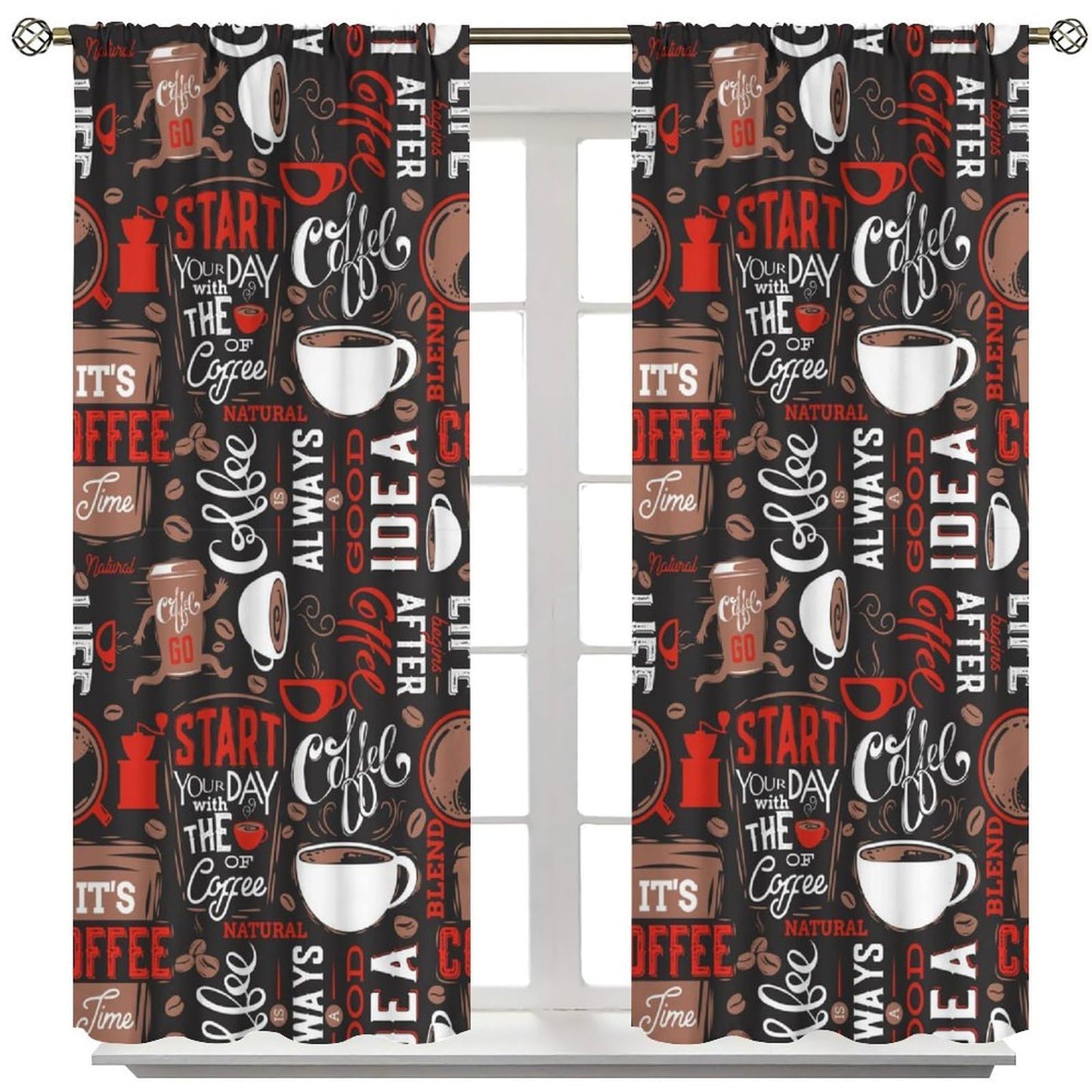 HZOHNAGO Coffee Kitchen Curtains Coffee Red Hot Mocha Latte Milk Pattern Blackout Print Rod Pocket Window Drapes for Bedroom Living Room Kitchen 42x45in