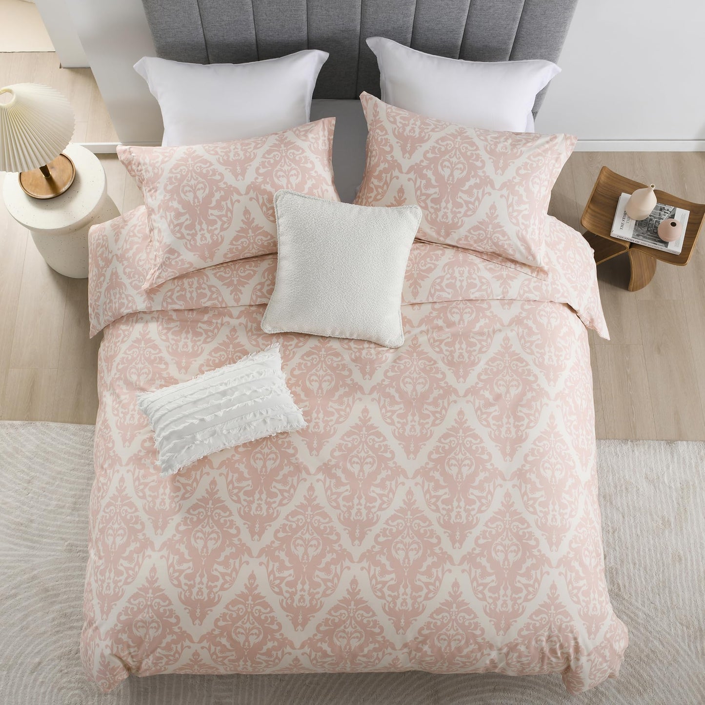 VOOVY Duvet Cover King - 100% Cotton Duvet Cover King Size, 3 Pieces Damask Medallion Super Soft Breathable Bedding Covers Set for All Season, (Pink, 104"x90", No Comforter)
