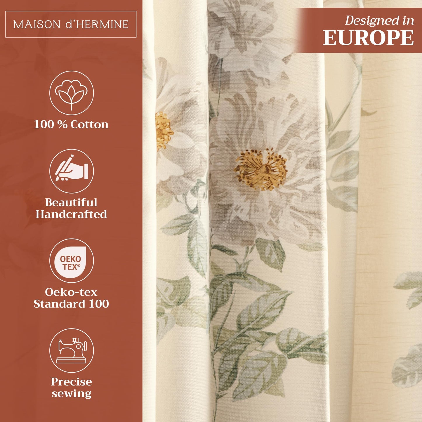 Maison d' Hermine Curtains for Living Room 100% Cotton 96 inch Length One Panel Light Filtering Curtains for Windows with Rod and Loop Pockets Spring Summer (Villette - Dove Grey, 50" W x 96" L)