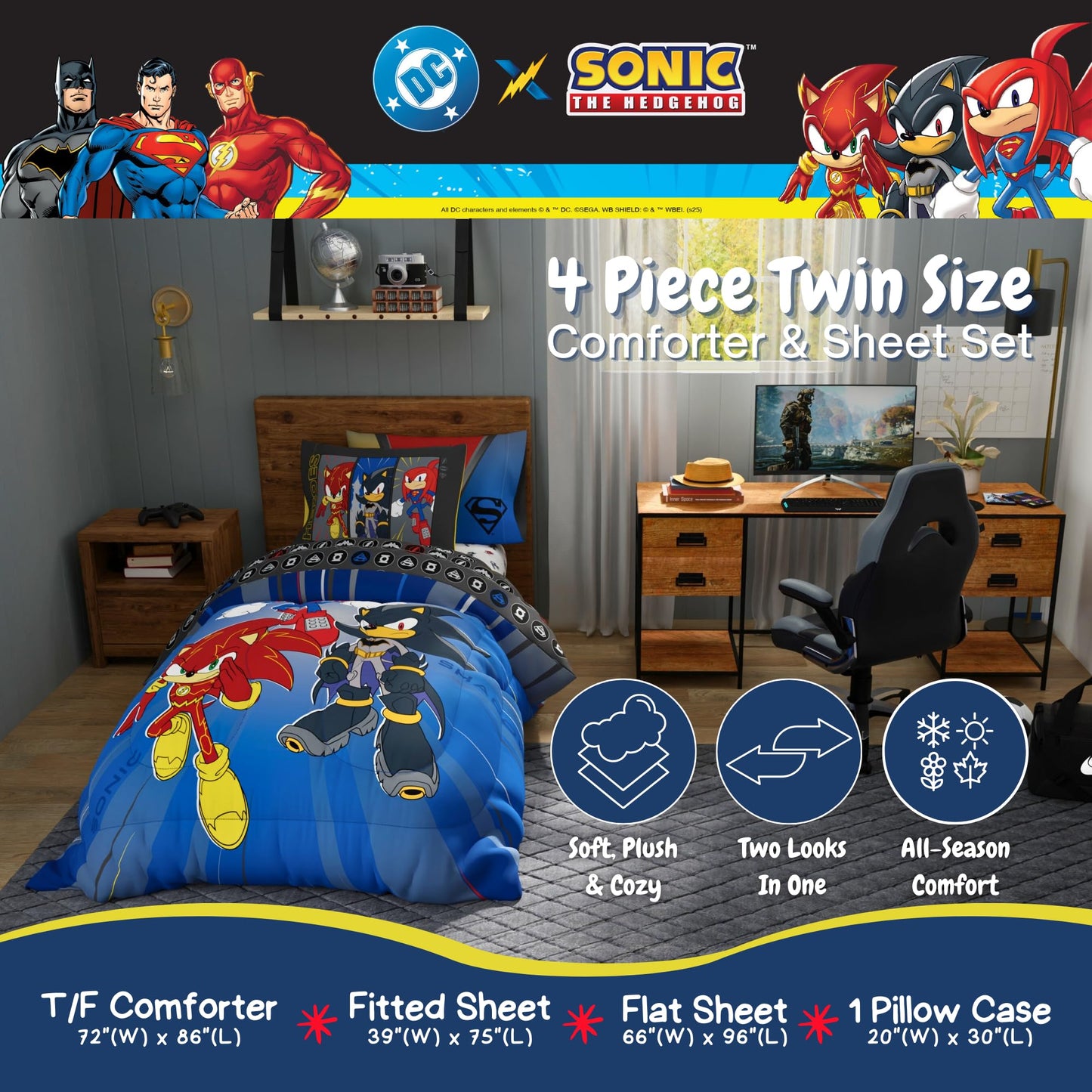 DC x Sonic The Hedgehog Kids Bedding Set, Twin Size, 4-Piece Super Soft Cozy Reversible Comforter & Sheet Set (Officially Licensed Product) by Franco