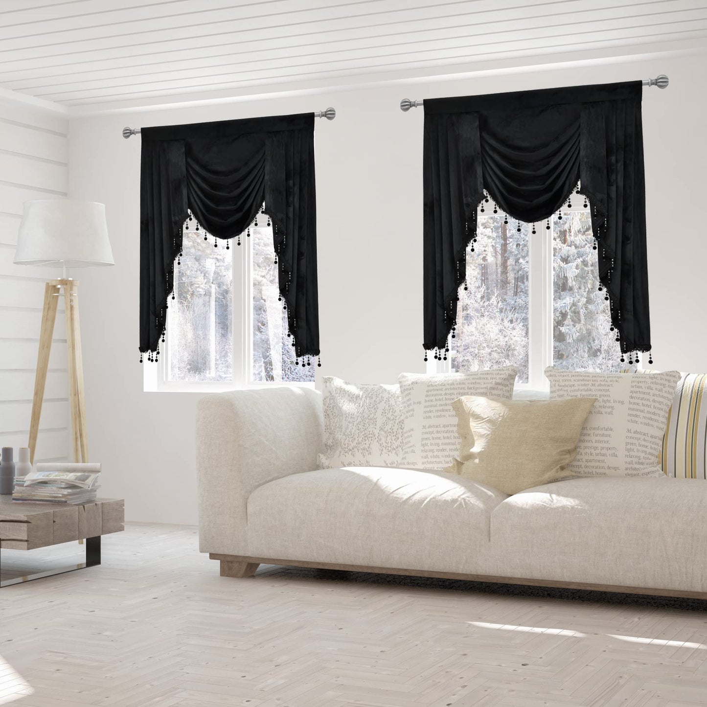 OYRING Black Velvet Rod Pocket Waterfall Valance for Living Room Window Valances for Kitchen (1 Panel, W39 Inch, Black)