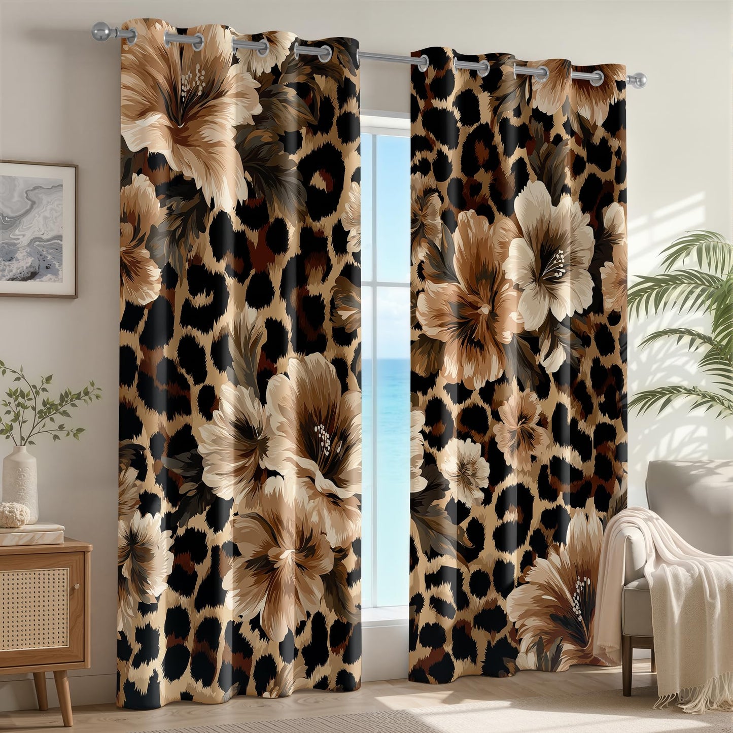 Leopard Print Patterned Curtains Blackout, Thermal Insulated Room Darkening Grommet Drapes for Bedroom Living Room, 84 Inch Curtains 2 Panel Set, Tropical Floral Cheetah Wild Animal Window Treatments