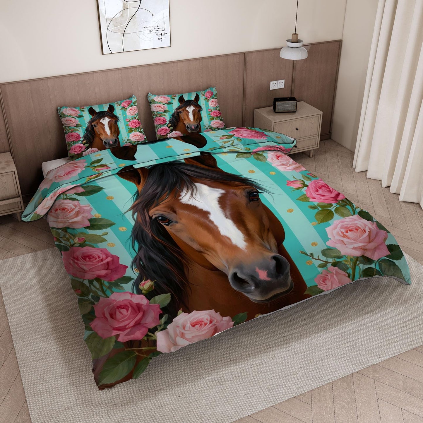 3D Horse Duvet Cover King Size 104x90in Soft Breathable Microfiber Flower Bedding Set Zipper Closure Reversible Comforter Cover 3 Pieces with 2 Pillow Shams (WJT 23-8)
