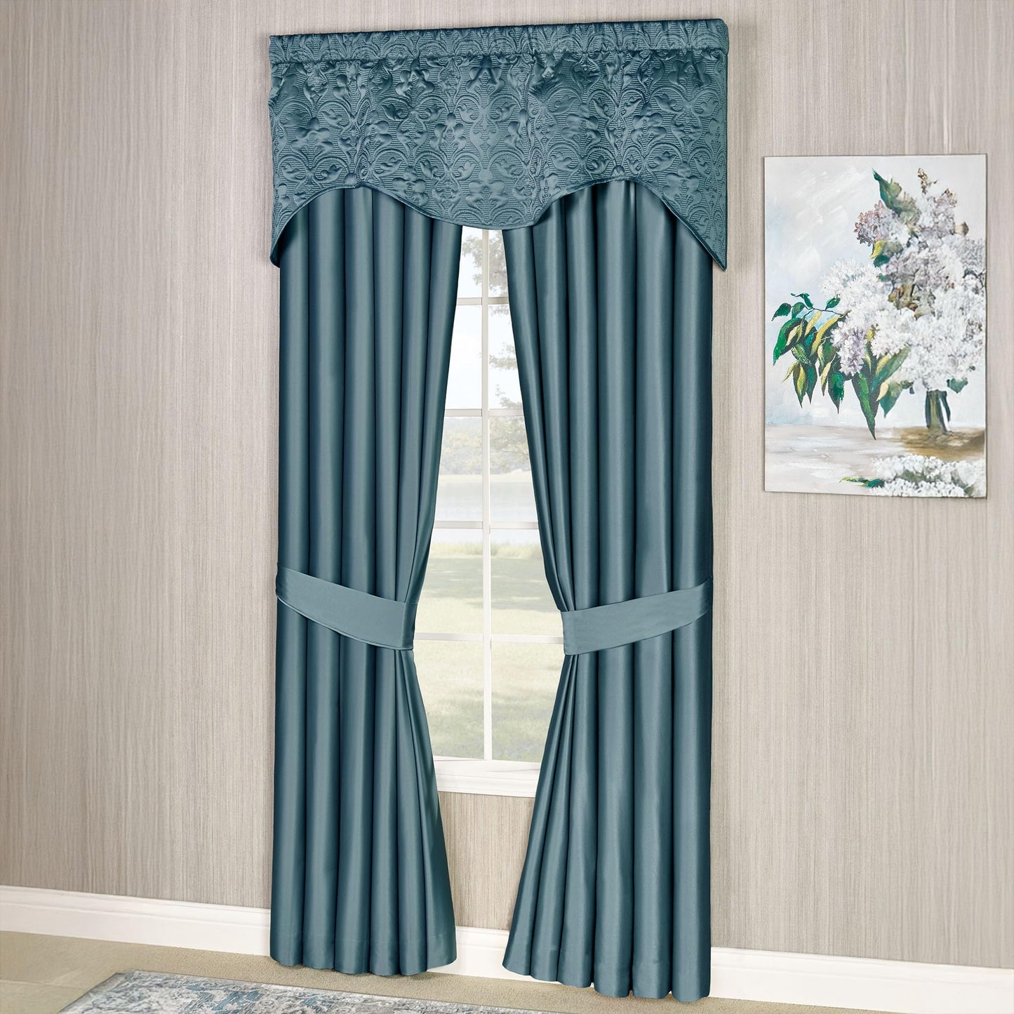 Cambridge Classic Luxury Window Treatment | Bold Blue Shadow Solid Color Polyester Satin | Elaborate Damask Quilted Scalloped Valance | Drapery Set Includes Scalloped Valance & 84L Lined Curtain Pair