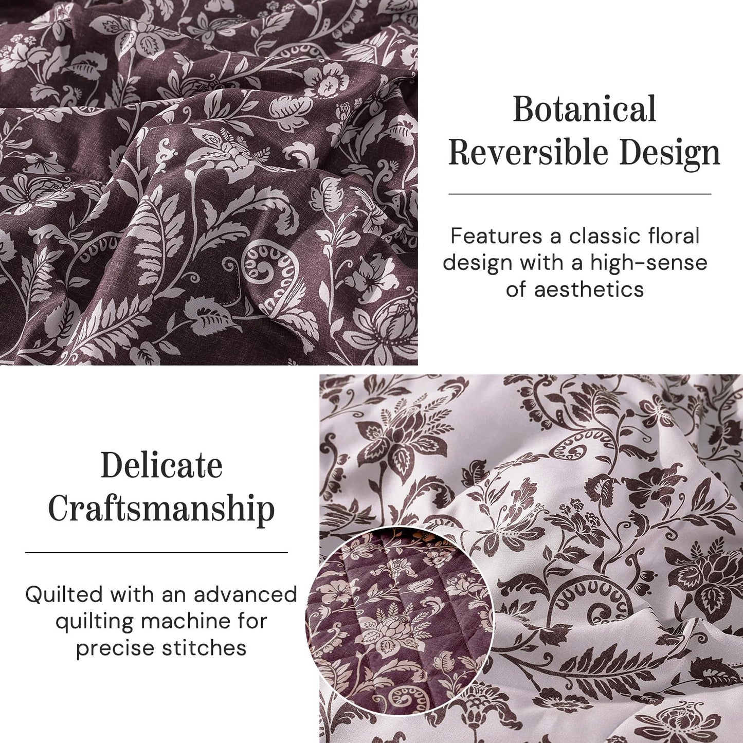 BLOOMHAVEN Quilt Set King Size, Italian Plum Floral Quilt Sets, Reversible Bedspread Lightweight and Breathable for All Seasons, Soft Quilted Bedspread with 2 Pillow Shams