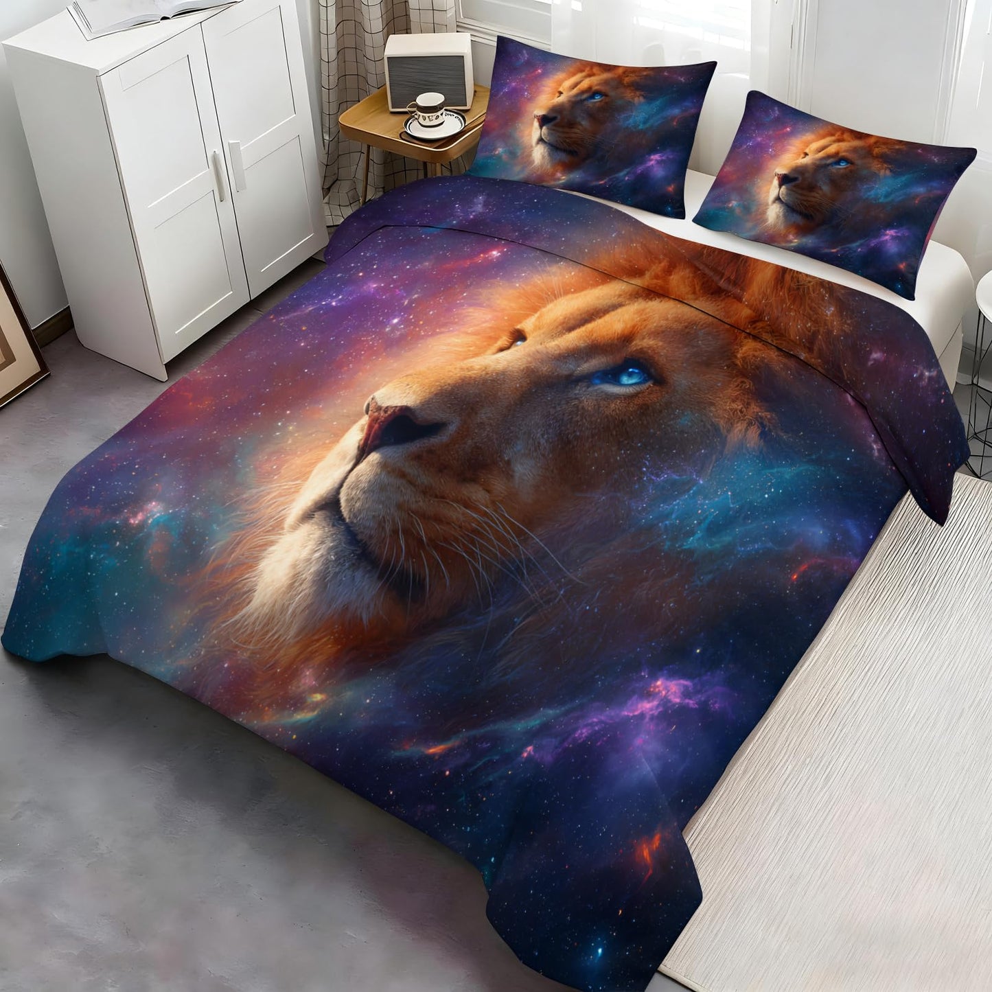ZAOMIR Lion Duvet Cover Set & Corner Ties for Boys Teen, Space Fantasy Animal Bedding Set Twin for Adult Kids, Cosmic Nebula Galaxy Starry Sky Comforter Cover Reversible Bedding with 2 Pillowcases