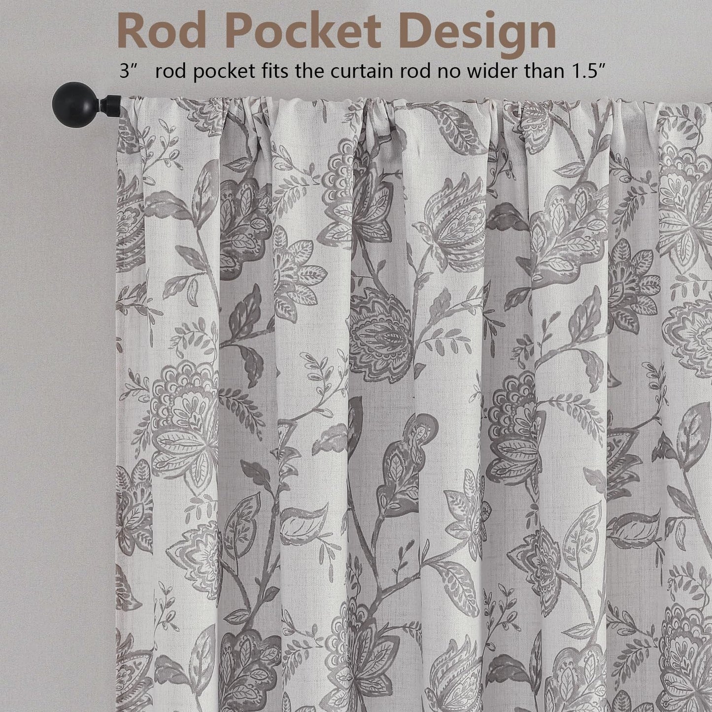 Ebesto Floral Curtains 63 Inch Length - Light Filtering Faux Linen Flower Printed Window Curtains for Bedroom, Rod Pocket No-See Through Privacy Drapes, 2 Panels, Each 40Wx63L Inches, Grey