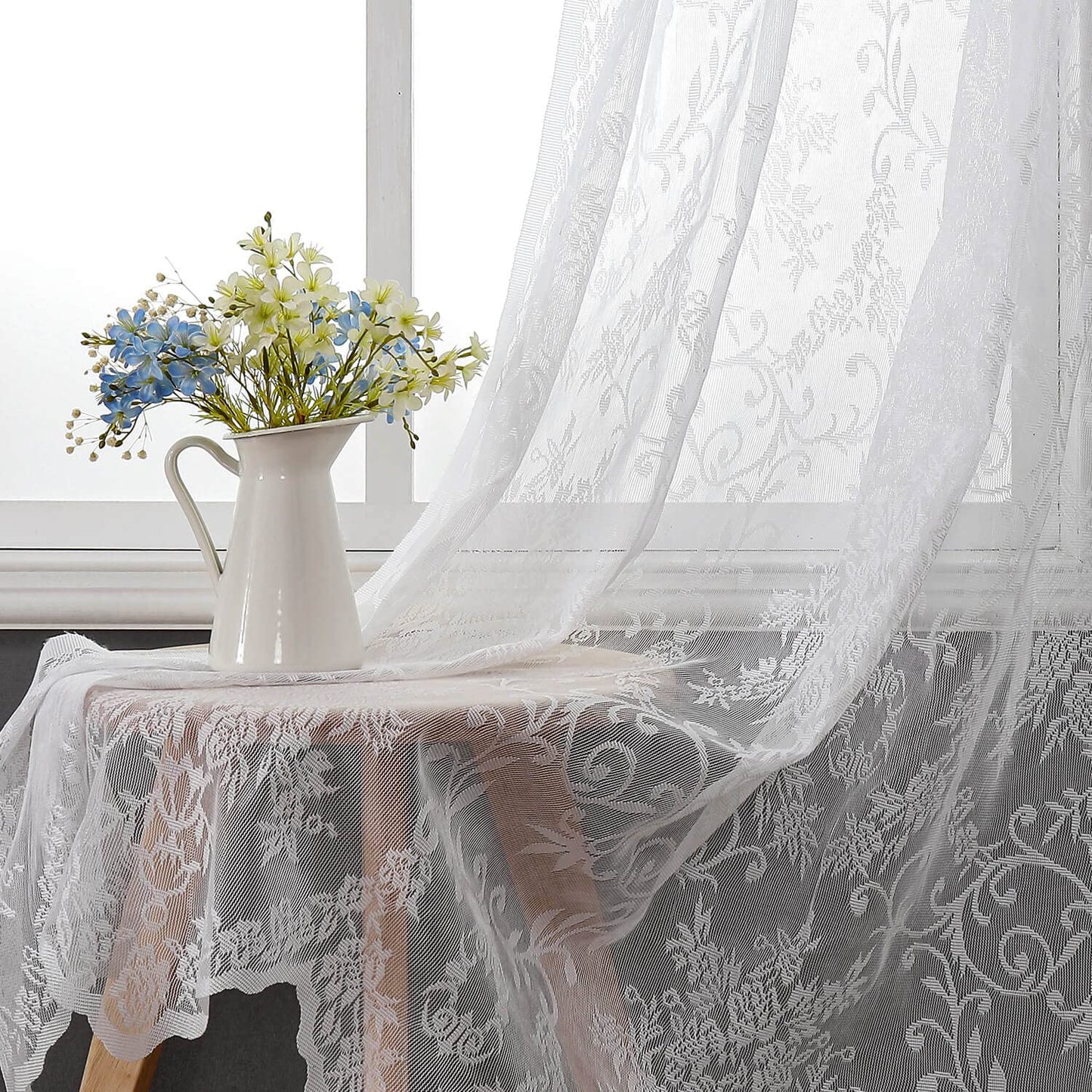 WUBODTI 84 Inch White Lace Curtains with Valances Attached 2 Panels, Floral Embroidered Semi Sheer Window Curtain Lace Tulle Rod Pocket Window Drapes with Valance for Living Room Bedroom Balcony