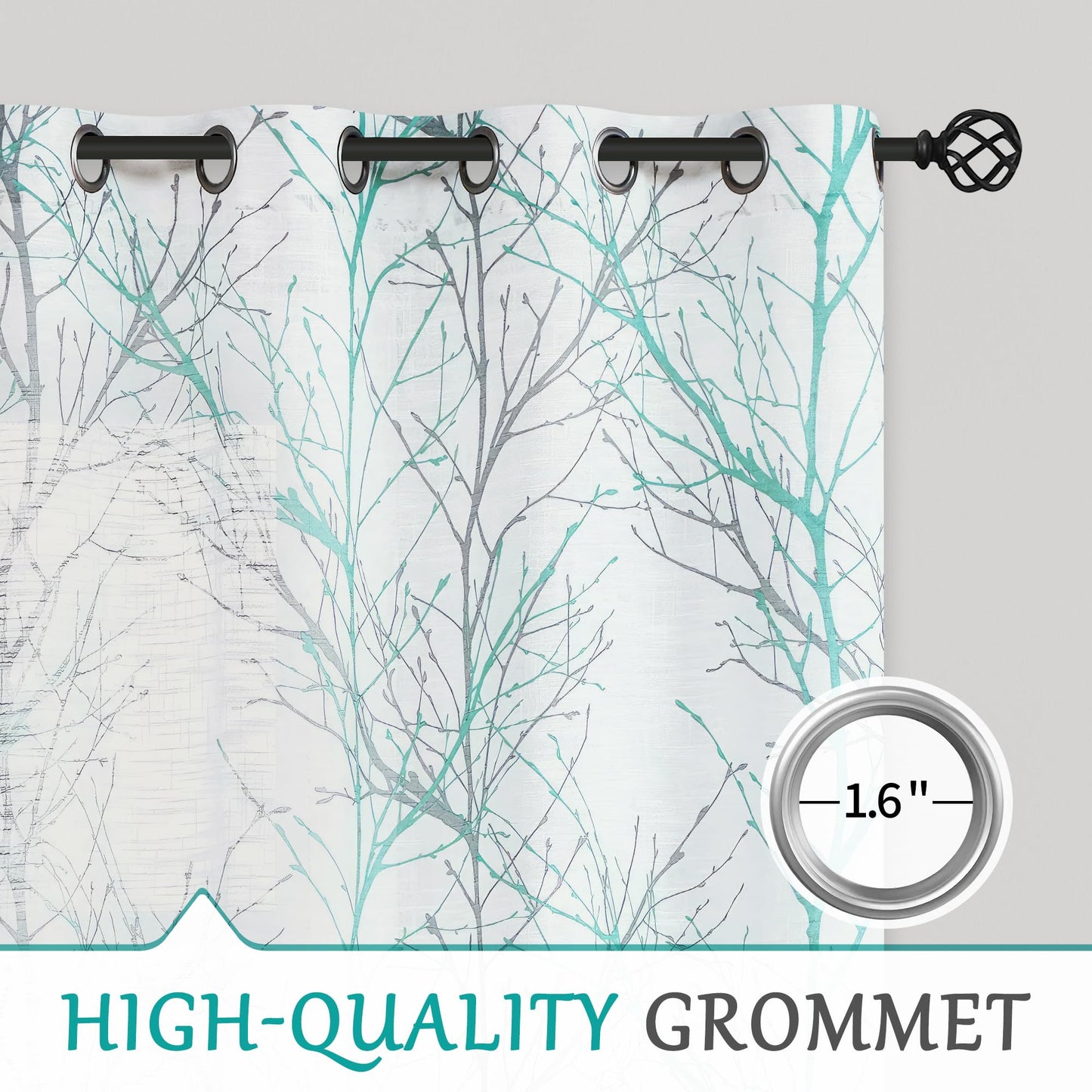 FMFUNCTEX Linen Semi Sheer Curtains for Bedroom, Auqa Blue White Curtains 84 Inches Long for Living Room, Grey Tree Branch Patterned Curtain Light Filtering Window Drapes, Grommet Top 2 Panels