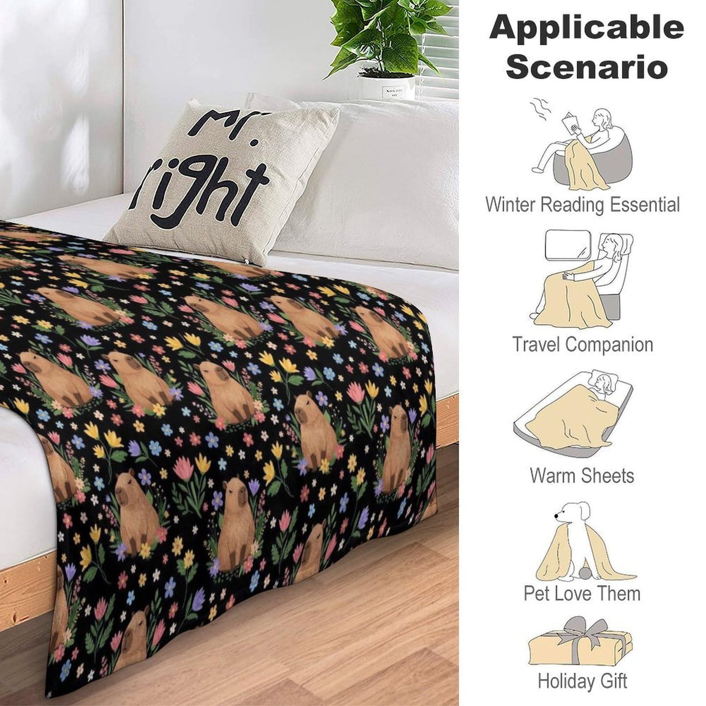 Soft Throw Blanket Cozy Warm Blanket for Bed, Sofa and Couch, Fashion Home Decor Bedspread Compatible with Floral Flowers Cute Capybara Black