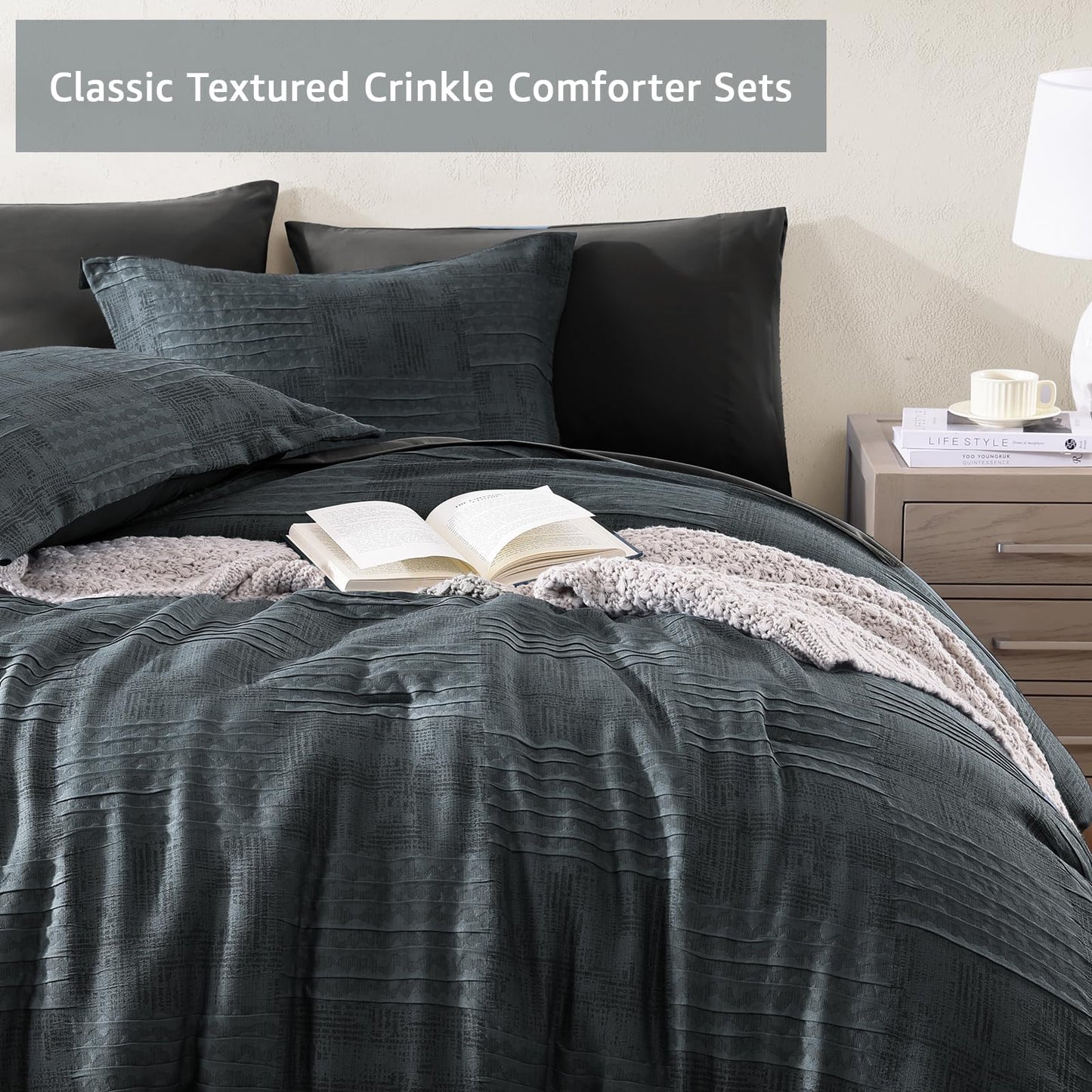 MaiRêve Queen Comforter Set Blue Grey, Textured Design Crinkle Bedding Sets 7 Pieces, All Season Bed in A Bag with Comforter, Sheets, Pillowcases & Shams