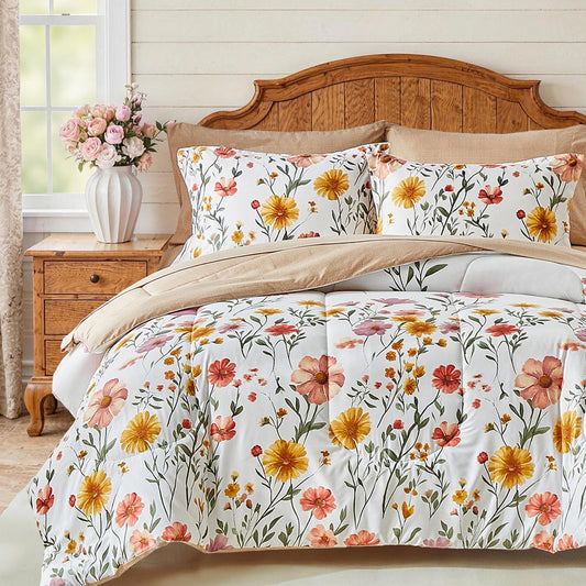 White Floral Comforter Sheet Set Reversible Bohemian Bed in a Bag Bedding Set, Botanical Bedding Set (1 Comforter 2 Pillow Shams 1 Flat Sheet 1 Fitted Sheet 2 Pillowcases) 7PC Queen Size Yellow