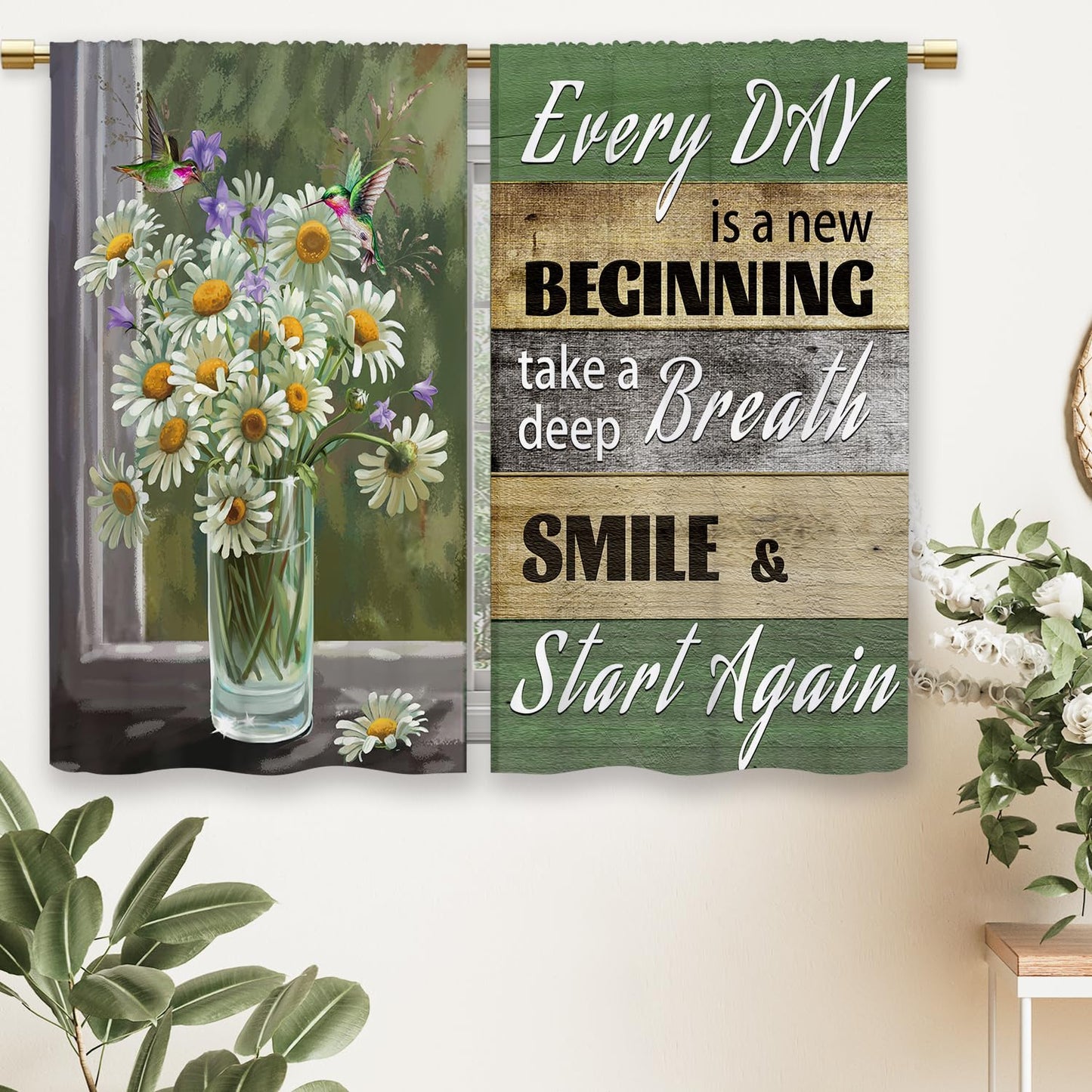 Laifzere Rustic Daisy Vase Floral Kitchen Curtains Green Wooden Farmhouse Flower Small Short Cafe Window Curtains Jesus Country Inspirational Bathroom Window Treatment Tier Curtains (27.5x39 Inch)