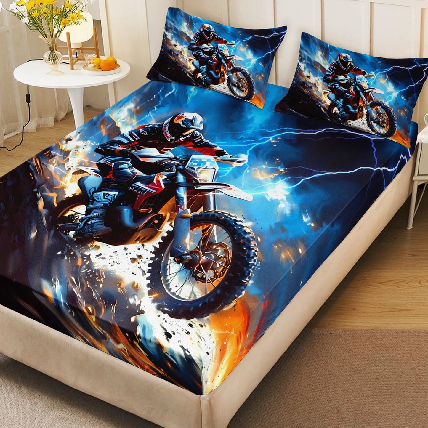 HOSIMA Dirt Bike Twin Bedding Sets for Boys Room Decor,Motocross Rider Print Fitted Sheet,Blue Lightning Pattern Motorbike Extreme Sport Bedding for Kids Teens,1 Fitted Sheet+2 Pillowcases.