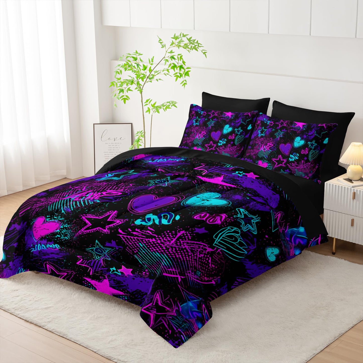 Nttopship Purple Stars Comforter Set Full Size 7PCS,Galaxy Starry Printed Bedding Set,Purple Stars Room Decor Ultra-Soft Lightweight All Seasons with Pillowcases,Flat, Fitted Sheet