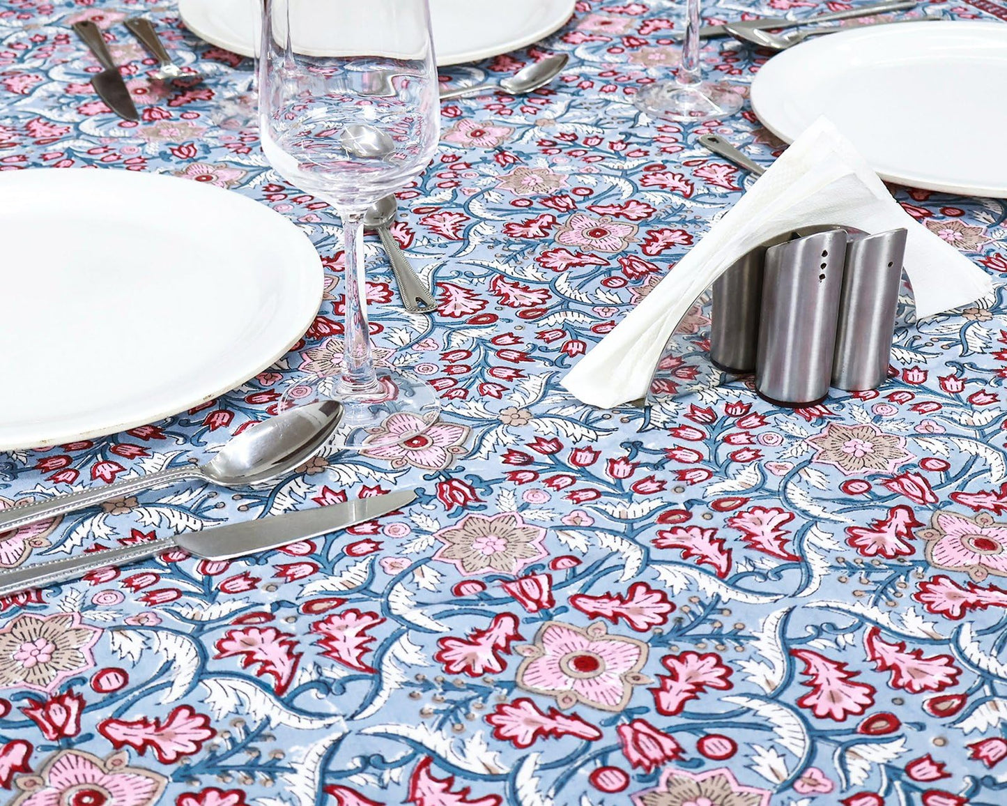 72x108 Inches Rectangle Hand Block Printed Cotton Tablecloth, Red Grey Floral Table Cloths Washable, Indian Table Linen for Outdoor Thanksgiving Gifts Home Decor Dinning Outdoor