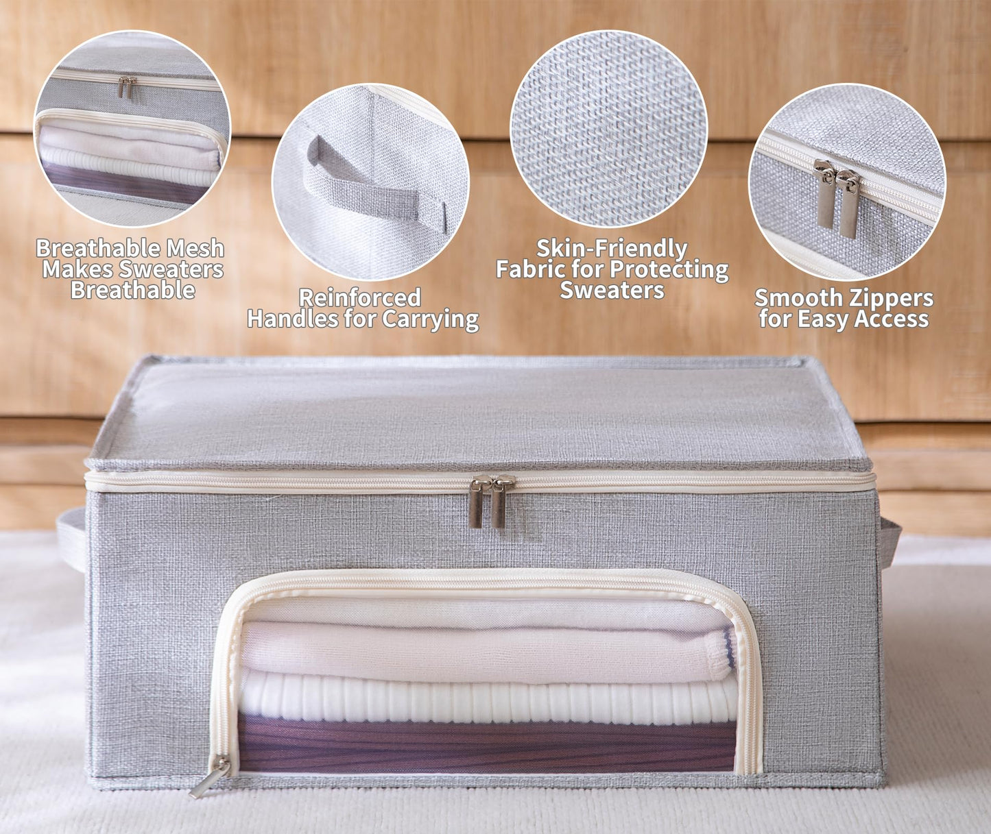 Beveetio 2-Pack Cashmere Sweater Storage Bags with Natural Cedar Blocks, Breathable Clothes Storage Bag with Mesh Window & Handles, Foldable Closet Garment Storage for Cashmere, Wool & Knitwear-Grey