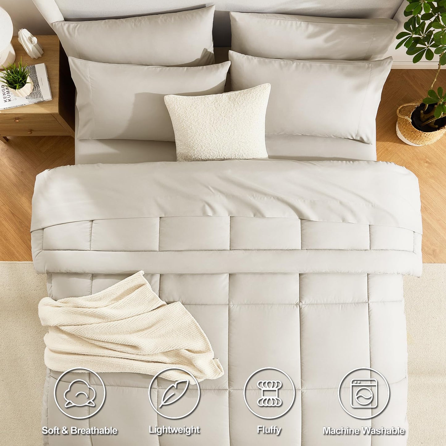 CozyLux Queen Comforter Set Beige, 7 Pieces Bed in a Bag, Beige Comforters Queen Size, All Season Bedding Sets with Stitch Quilted Comforter, Flat Sheet, Fitted Sheet, Pillowcases