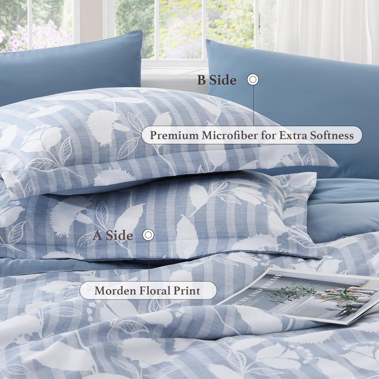 BLOOMHAVEN Queen Comforter Set -7 Pieces Blue Floral Comforter Set for All Seasons, Bed in a Bag Queen with Botanical Flowers Comforter, Sheets, Pillowcases & Shams