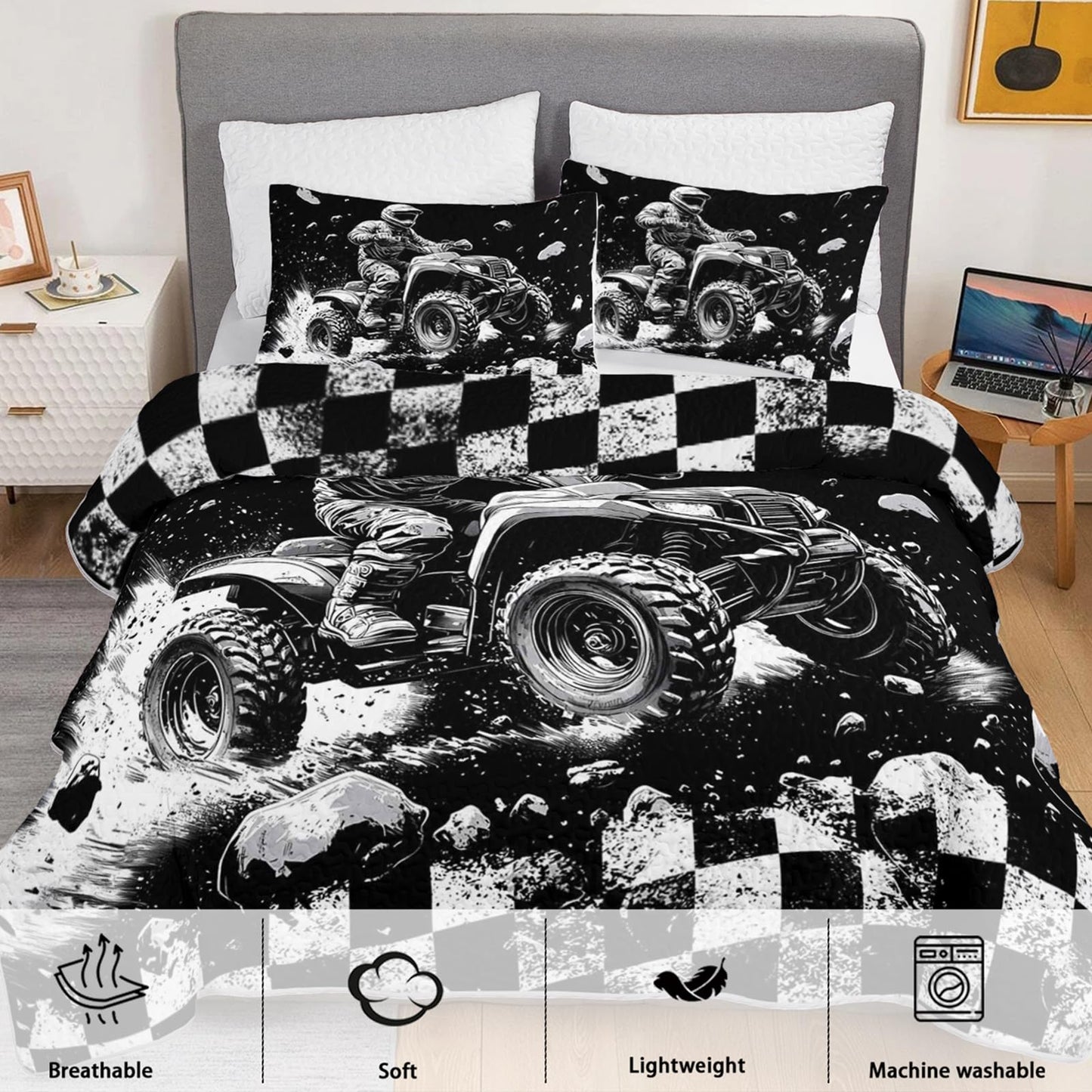 XYNHML Cool Motocross Rider Quilts Bedding Twin 3Pcs Racing Dirt Bike Quilt Set Extreme Sports Racer Grid Lightweight Soft Bedspread Coverlet with 2 Pillowcases for Kid Boy Girl Teen Adult Bed Decor