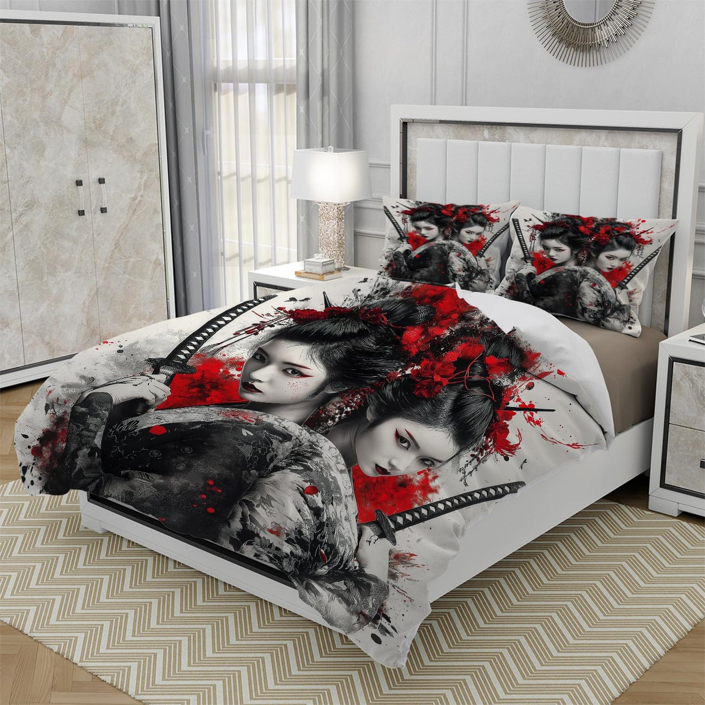 RICQLESC Sword Female Samurai Duvet Cover and 2 Pillow, Japanese Kimono Geisha Asian Sexy Women Anime Comforter Set, Kids Boys Girls Bedding 3 Pieces, King Size 104x90 inch