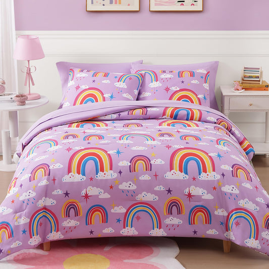 Wink Deer Full Size Comforter Set for Girls-7 Pieces Purple Rainbow Glow in the Dark Full Bedding Sets for Kids, Ultra Soft Bed in A Bag with Sheets