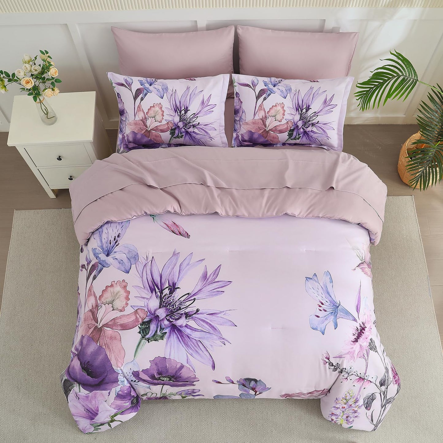 Yogeneg Queen Comforter Set 7 Piece Bed in a Bag,Elegant Floral Botanical Pattern Purple Bedding Set,Soft Microfiber Comforter with Sheet Set,All Season Bed Set(Purple Floral,Queen)